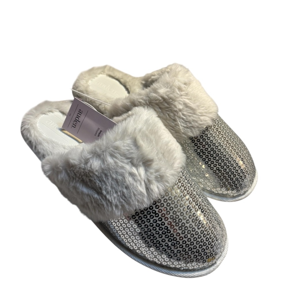 NEW Auden Slippers XL (11/12) Silver Sequins with Faux Fur Lining Cozy NWT - Picture 9 of 13